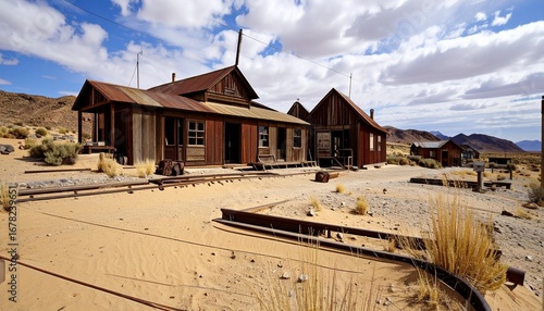 Abandoned wooden buildings in dusty desert landscape