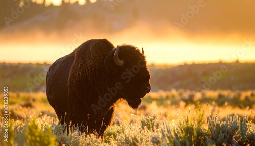 Bison silhouette at sunrise in golden meadow