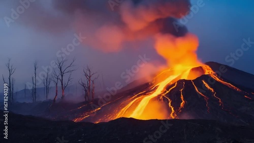 Dramatic volcano erupts with fiery lava flow and smoke against a twilight sky