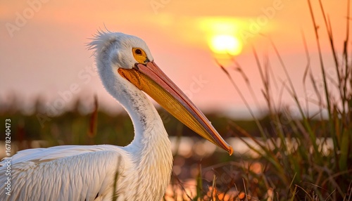White pelican at sunrise in marsh setting