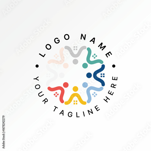 Logo design graphic concept creative premium vector stock image top sell 8 line people holding hands like roof house rotating window investment budget