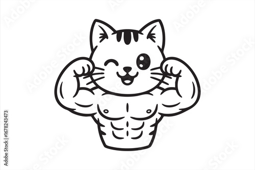 Funny muscular cat mascot flexing biceps cartoon fitness animal vector