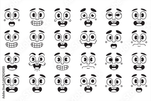 Funny cartoon facial expressions collection with emoticons and doodles