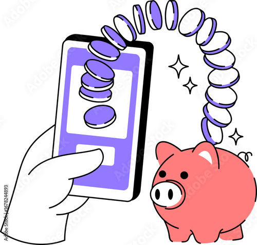 Mobile Banking Money Transfer to Piggy Bank Illustration