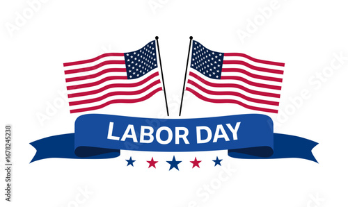 USA labor day illustration banner with america waving cross flag with labor day letter on badge ribbon for celebration of United States poster, Sale promotion advertising marketing campaign brochures.