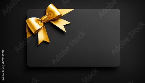 a blank black gift card or voucher with an elegant golden ribbon bow in the corner, on a dark background, with copy space for text.