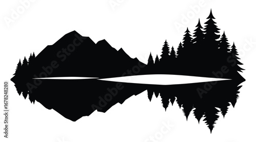 Black and white illustration of mountains and forest reflecting in water landscape