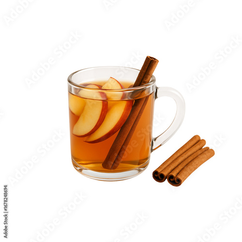 Glass mug of apple cinnamon tea with apple slices and cinnamon stick floating inside, white background