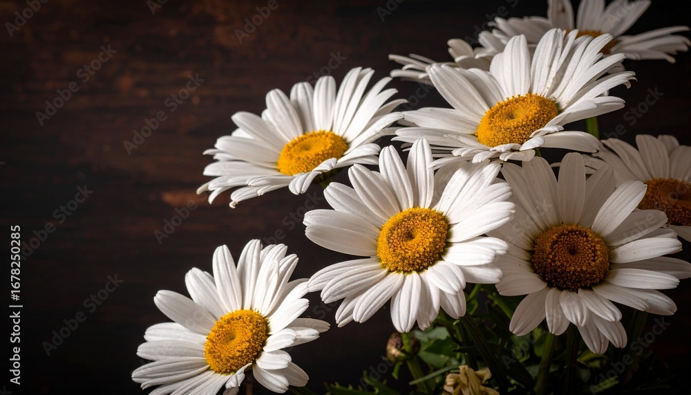 Obraz premium White daisies bouquet on dark wooden background