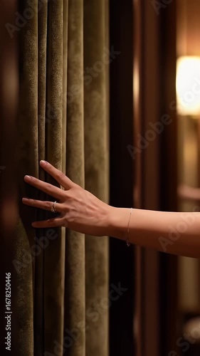 Woman's Hand Pulling Olive Green Velvet Curtain Closed Inside Changing Room with Cream Color Fabric in Soft Lighting Creates an Atmosphere of Peace Perfect for Decoration