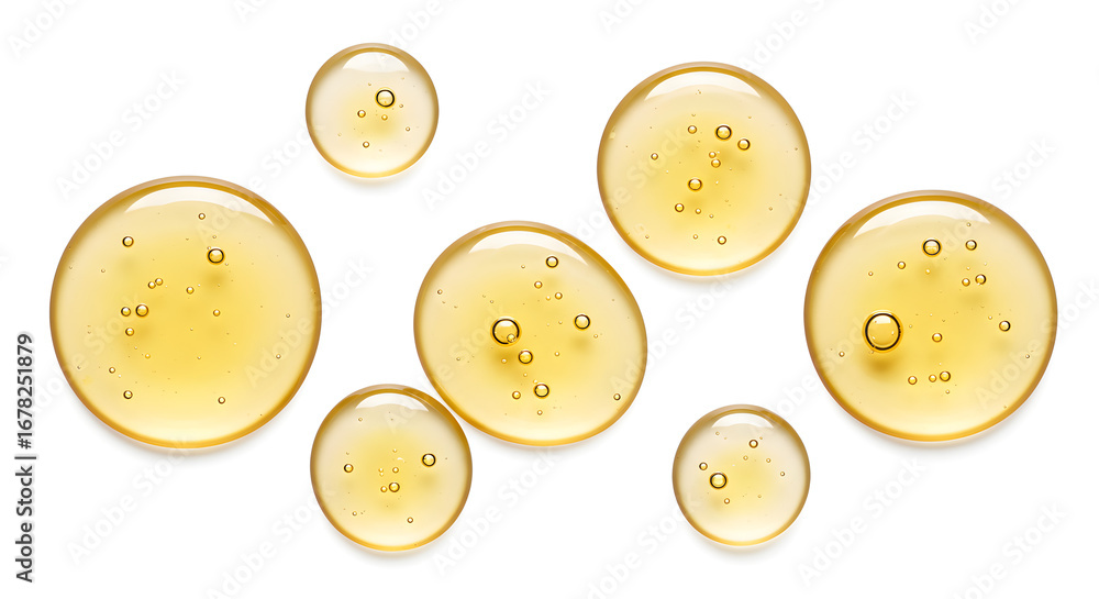 Fototapeta premium Golden oil serum bubbles with nourishing moisture for skincare and beauty products