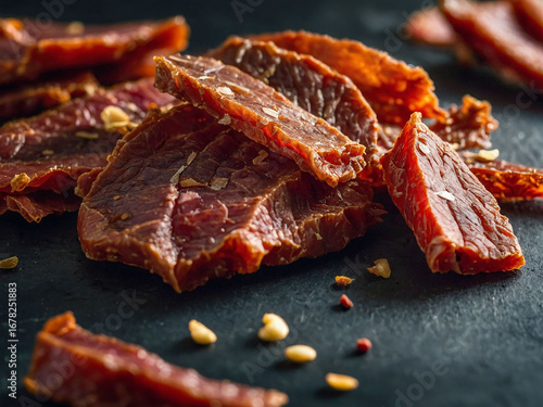 Spiced beef jerky stacked together, showing smoky delicious texture and flavor