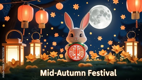 Happy mid autumn festival. Rabbit with mooncakes 