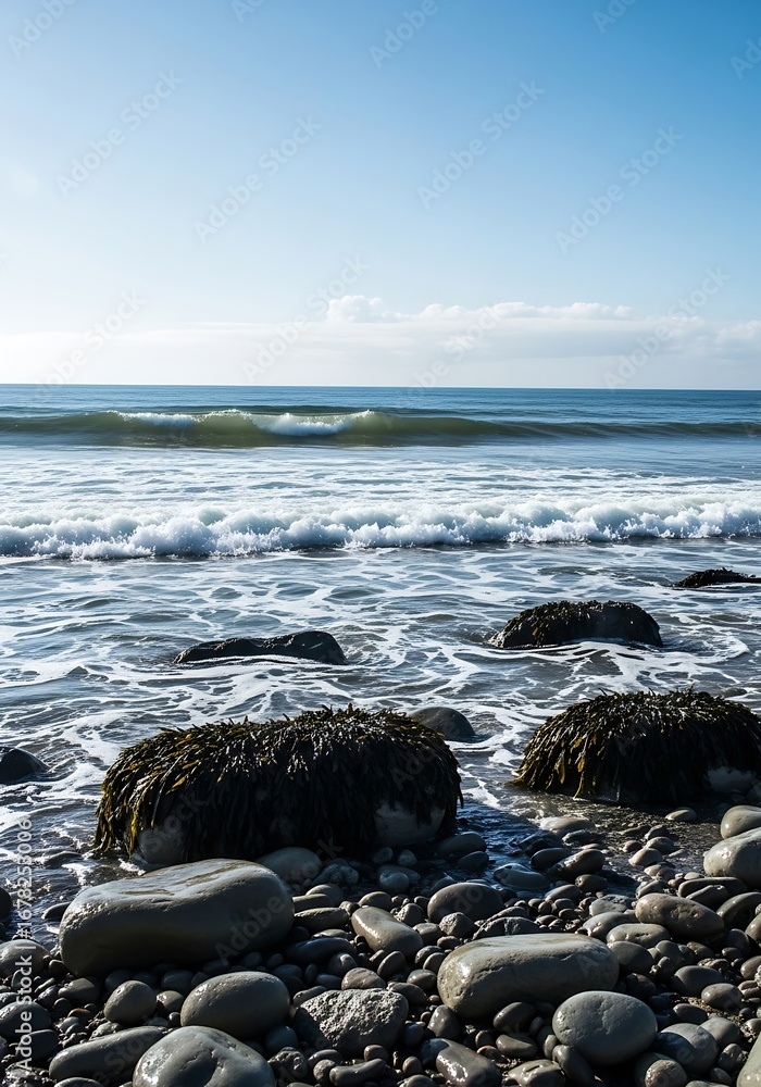 Naklejka premium Coastal scene with waves crashing on rocks, bright sunny day.