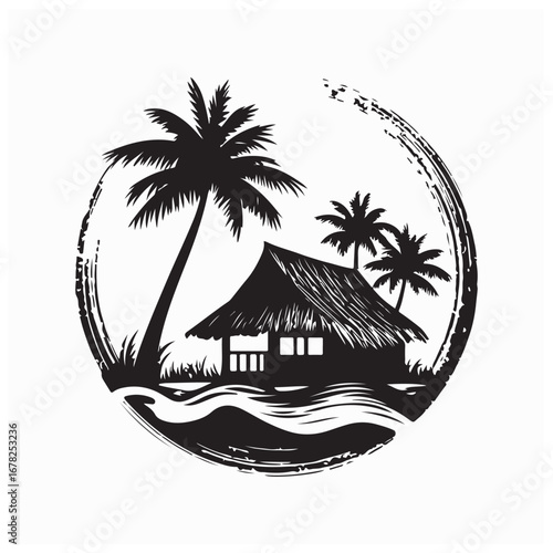 Island Beach Hut Logo with Tropical Elements Vector on white background