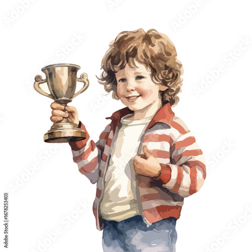 Cheerful Boy Proudly Holding Trophy Celebrating Victory and Success