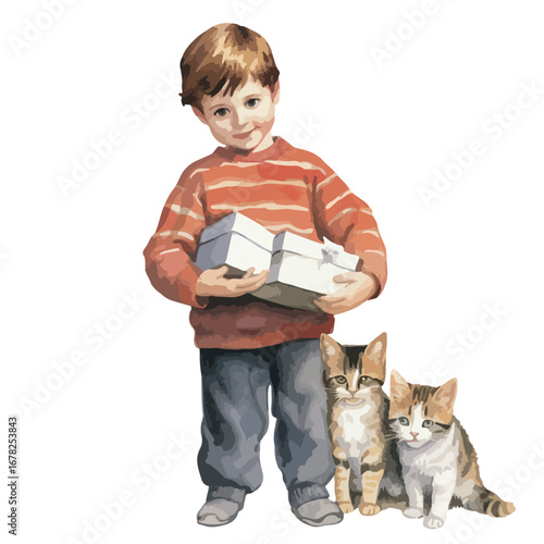 Boy with Gift and Kittens in a Warm Artistic Style
