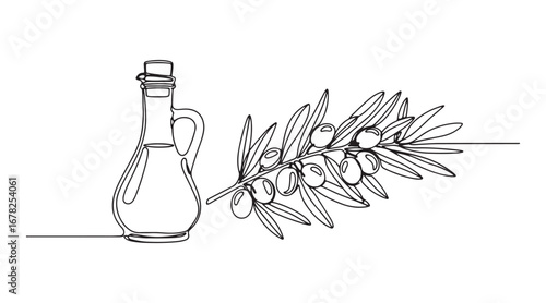 Continuous line art depiction of olive oil. A minimalist black linear sketch of a glass bottle jug alongside an olive tree branch featuring fruits and leaves, set against a white background. Vector