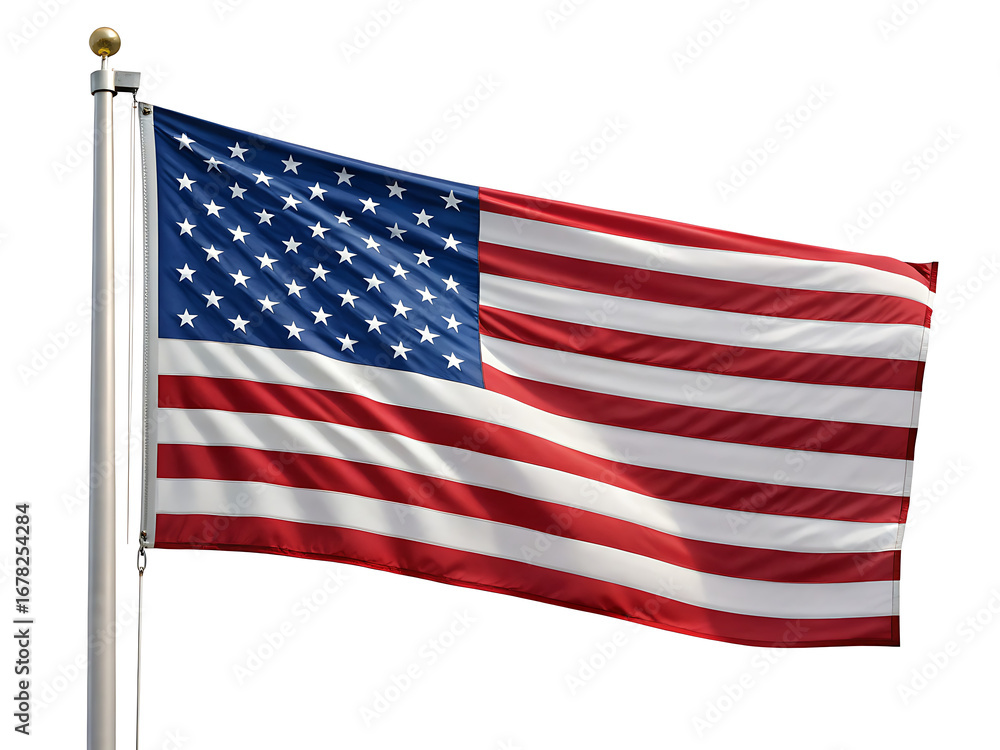 Obraz premium A us flag with stars and stripes blowing in the wind attached to a metal flagpole on a white background