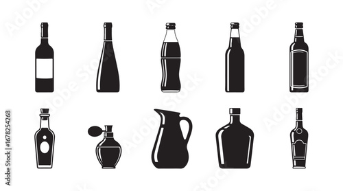 A glass bottle containing olive oil alongside green olives. This is an isolated cartoon-style illustration, presented as a vector graphic.
