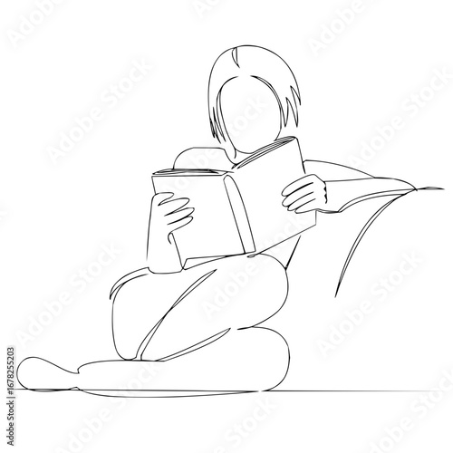 Enjoying a captivating book, woman relaxes in modern line art style, perfect for book lovers and minimal design