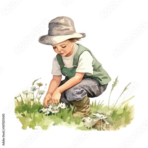 Child in Field Gathering Delicate Flowers in Soft Light