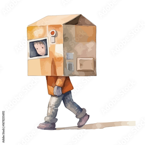 Childs Cardboard House Costume Walking with Shadow on a Sunny Day