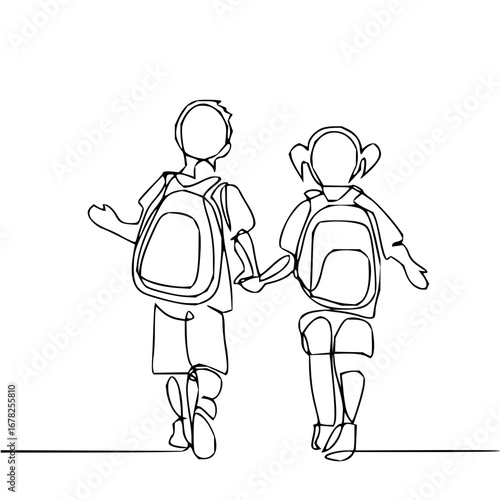 Boy and girl holding hands walking to school illustrated with a single flowing line art style