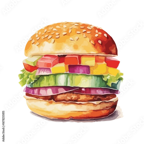 Colorful Burger Illustration with Diced Vegetables and Sesame Seed Bun