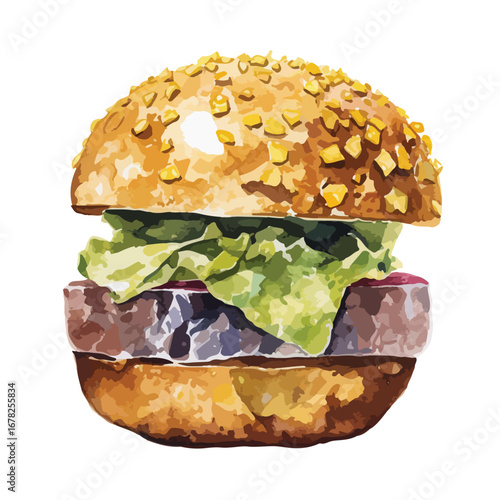 Colorful Watercolor Style Gourmet Burger with Toppings