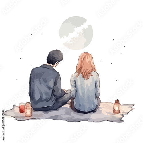 Couple Silhouetted Against a Moonlit Sky Sharing a Quiet Moment