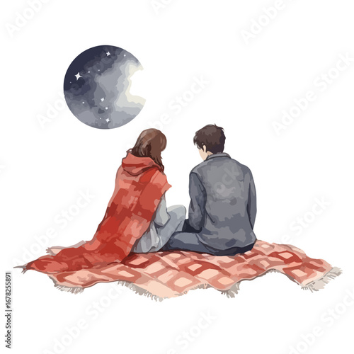 Couple Silhouetted Against Night Sky Sharing Blanket