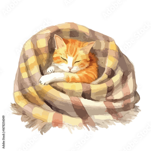 Cozy Ginger Kitten Napping Peacefully Wrapped in a Plaid Blanket