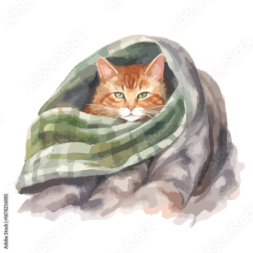 Cozy Watercolor Portrait of a Ginger Cat Snuggled in a Blanket