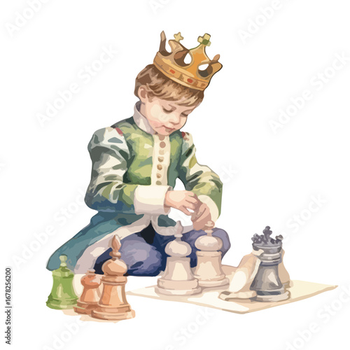 Crowned boy in green tunic contemplates chess move with focused gaze