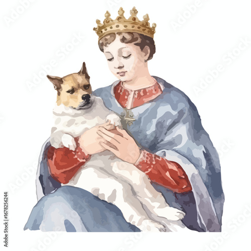 Crowned figure cradling a fluffy dog with gentle hands reminiscent of Renaissance art
