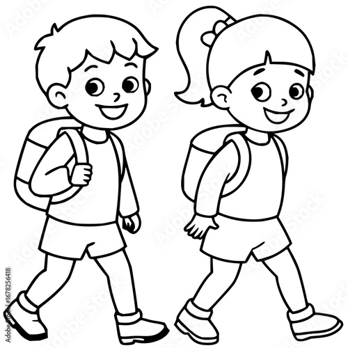 Adorable kids off to school line art illustration for education projects and back to school campaigns
