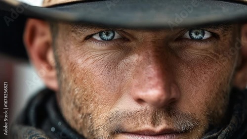 Portrait of rugged cowboy face before rodeo bull riding arena challenge – Video 4K UHD 60fps