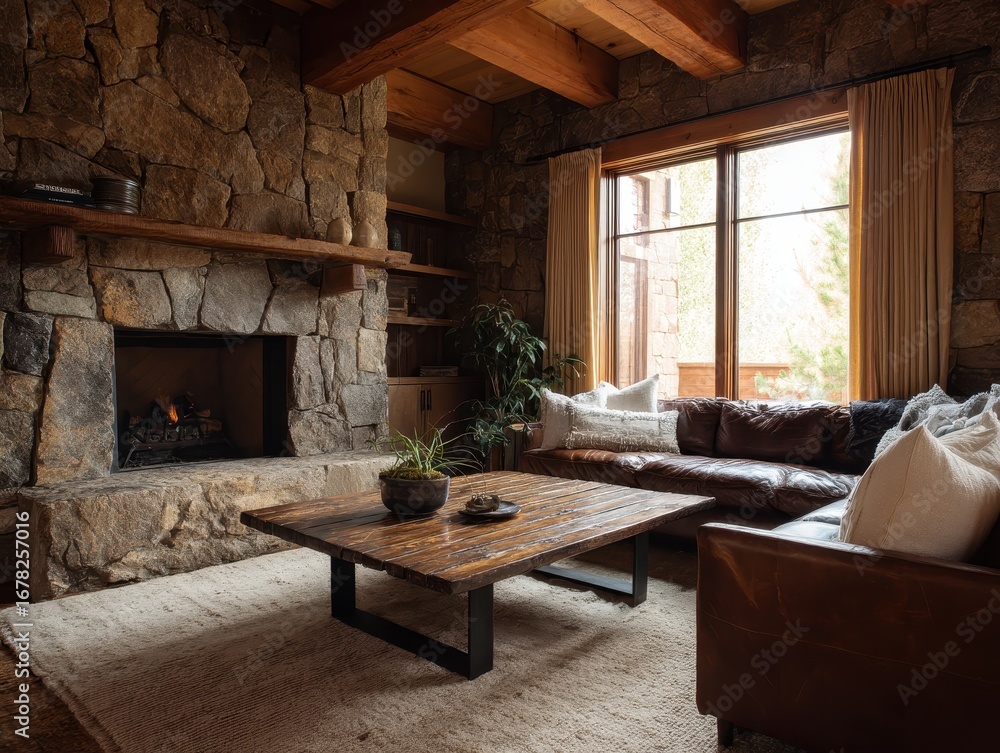 Fototapeta premium A rustic living room with a stone fireplace, wooden beams, and a leather sectional, showcasing a warm and inviting atmosphere.