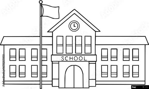 Outline school building with flagpole, simple back to school design element, architectural learning center lineart