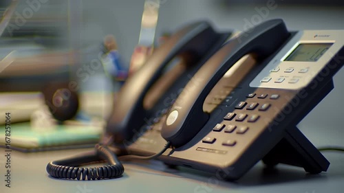 Two Black Desk Phones on Office Desk