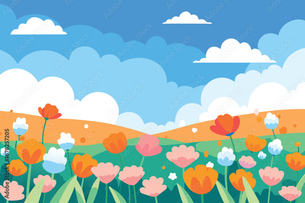Fototapeta premium Cartoon Flower Field Landscape Blue Sky, White Clouds, Orange Hills, Pink and Orange Flowers