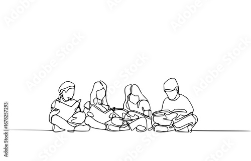 Minimalist line art showing group studying, ideal for education concepts and book clubs promotions