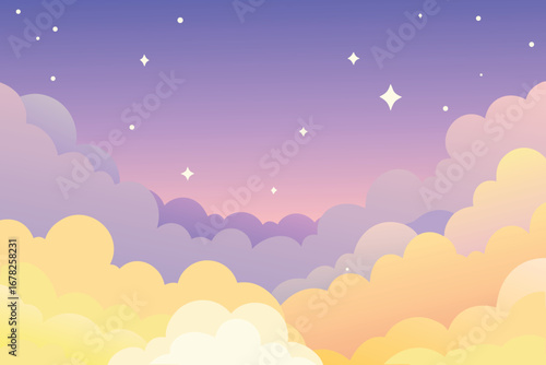 Dreamy Cartoon Sky with Stars and Clouds in Purple and Yellow Tones