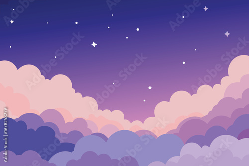 Dreamy Purple Night Sky with Pink Clouds and Stars Art Illustration Design