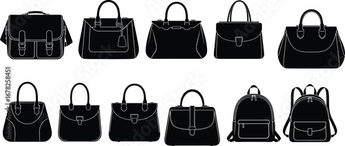 Vector illustration of stylish handbag and backpack silhouettes, including briefcase, tote, purse, and fashion accessory icons design set.