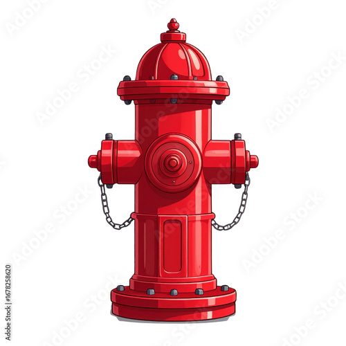 A bright red fire hydrant with a rounded top, featuring side valves and chains.