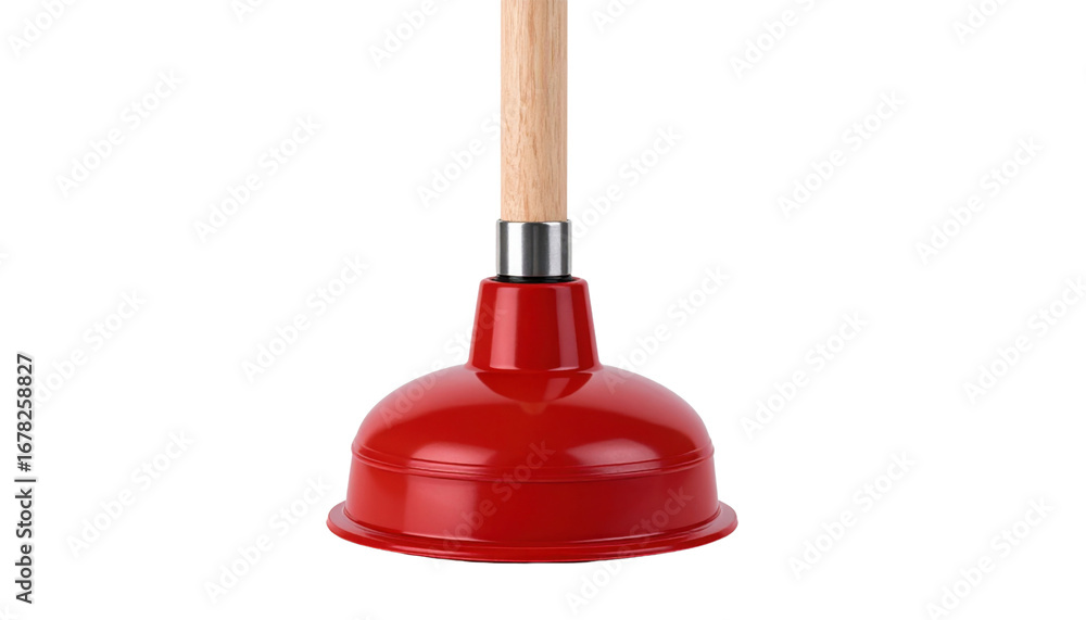 Fototapeta premium A bright red plunger with a wooden handle, designed for unclogging drains and toilets.