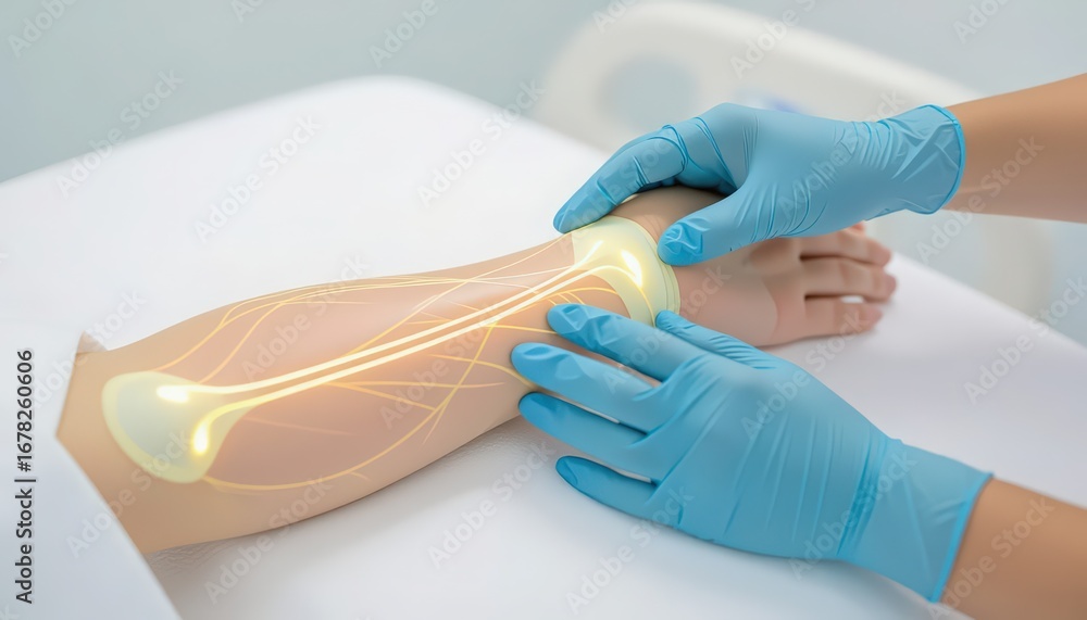 Fototapeta premium Arm and forearm with a hotspot, illustrating nerve compression syndromes. Perfect for carpal tunnel or cubital tunnel education and ergonomic materials.