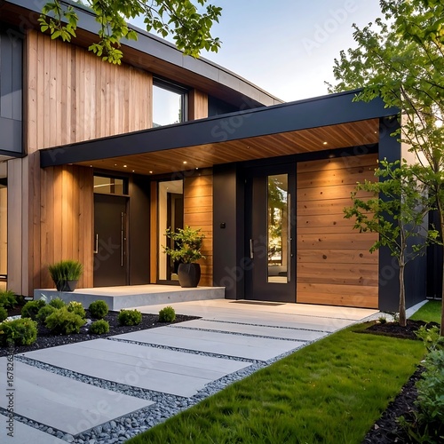 Modern home exterior with covered entryway